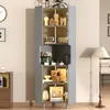 A tall, gray corner cabinet with multiple shelves displaying various decorative items and books. Produktbild-Vorschau