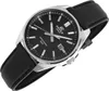 A close-up, angled view of a black Casio Edifice watch with a black leather strap against a white background. Voir les images du produit