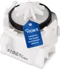 A white washing machine drain pump with a blue tag attached. Produktbild-Vorschau