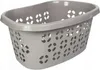 A grey plastic laundry basket with a patterned design of holes. Voir les images du produit