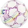 A white soccer ball with purple stitching and rainbow-colored stripes. Produktbild-Vorschau