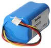 A blue lithium-ion battery pack with a white connector and three colored wires (red, black, yellow). The battery has a label with text and logos. Podgląd zdjęcia produktu