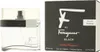 A bottle of F by Ferragamo Black eau de toilette for men and its packaging are displayed side-by-side against a white background. Podgląd zdjęcia produktu