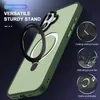 A green phone case with a black and silver ring stand is shown against a dark background. Several inset images highlight the features of the stand. Náhled obrázku produktu