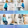 A collage of four images showing a step stool in different settings: kitchen, bathroom sink, child's room, and toilet training. Produktbild-Vorschau