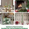 Collage of four images showing green LED candles in different settings: on a dining table, near a fireplace, at a wedding reception, and on a table with a rose. Produktbild-Vorschau