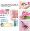 A collage of images showing various tools and components for paper quilling, along with a descriptive text box. Produktbild-Vorschau