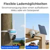 Two split images showing a security camera powered by a rechargeable battery attached to a wooden pole, and another camera powered by a solar panel attached to a wooden structure. Both are outdoors with horses in the background. Produktbild-Vorschau