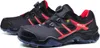 A pair of black and red safety shoes are shown against a white background. Produktbild-Vorschau