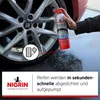 A hand is using a can of NIGRIN tire sealant to fix a car tire. A graphic of a tire with a pressure gauge is shown near the tire. Náhled obrázku produktu