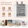 A marketing image showcasing a white sideboard with text and icons highlighting its features, and four lifestyle shots of the sideboard in different room settings. Podgląd zdjęcia produktu