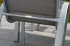 Close-up of the back of a grey outdoor chair with a small gold logo on the horizontal support bar. Produktbild-Vorschau