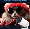 A cat wearing sunglasses and a pink hat is shown in the background, with a white projector in the foreground. Produktbild-Vorschau