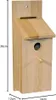 A wooden birdhouse with dimensions indicated by measurement lines and text. Náhľad obrázku produktu