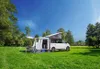 A white camper van with an attached awning is parked on a grassy field under a clear blue sky. Produktbild-Vorschau