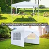Two images of a white pop-up gazebo, one set up in a garden with a table and chairs, and another showing its windows. Voir les images du produit