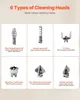 A collage of six different cleaning heads for a pipe cleaning machine, with descriptions for each. Náhled obrázku produktu
