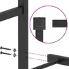 A close-up view of a black metal bed frame, showing assembly details with screws and dashed lines indicating connection points. A magnified inset highlights a decorative finial on the frame. Náhľad obrázku produktu