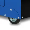 A close-up view of the bottom corner of a blue and black generator, showing a wheel and mounting hardware. Produktbild-Vorschau