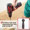 A person is using a cordless drill to screw into a piece of wood. A close-up inset shows the handle of the drill. Produktbild-Vorschau