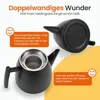 A collage showing a black double-walled teapot from different angles, with German text highlighting its features. Produktbild-Vorschau