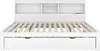 A white bed frame with a headboard featuring shelves and a slatted mattress support. Náhled obrázku produktu