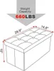 Diagram showing the dimensions and weight capacity of a storage ottoman. Produktbild-Vorschau