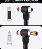 Two images showing a bicycle shock pump head with different valve attachments. Produktbild-Vorschau