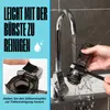 A person is cleaning a part of a juicer under a running faucet, with text overlays describing the ease of cleaning. Produktbild-Vorschau