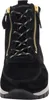 A close-up front view of a black leather boot with gold zippers and black and gold laces. Produktbild-Vorschau