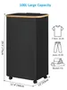 A black laundry basket with a wooden lid, shown with dimensions and capacity information, and illustrations of clothing items it can hold. Náhled obrázku produktu