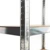 Close-up view of a metal shelving unit with wooden shelves. Produktbild-Vorschau