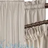 A collage showing two close-up views of beige curtains with a blue water splash design at the bottom. One view shows the fabric texture and the ruffled top edge, while the other shows the curtain hanging from a rod with rings. Produktbild-Vorschau