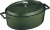 A green oval cast iron pot with a lid and handles, shown from a side angle against a white background. Náhled obrázku produktu