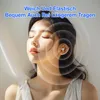 A woman with her eyes closed is wearing earbuds, with concentric circles emanating from her ear, suggesting sound or comfort. Produktbild-Vorschau