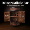 A wooden barrel-shaped bar cabinet with doors open, displaying shelves with bottles and glasses. Náhled obrázku produktu