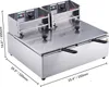 A stainless steel commercial electric deep fryer with two baskets, shown from a slightly elevated front-diagonal angle on a white background. Dimensions are indicated with measurement lines and text. Náhľad obrázku produktu