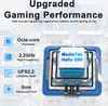 A marketing image highlighting the gaming performance features of a smartphone, with a central image of a processor chip. Produktbild-Vorschau