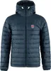 A navy blue hooded puffer jacket is shown front-on against a white background.