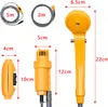 Dimensions and components of a camping shower are shown with measurements. Voir les images du produit