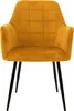 A single mustard yellow armchair with black metal legs, shown from the front against a white background. Náhľad obrázku produktu
