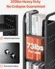 A close-up view of a black metal bookshelf with books on it, along with descriptive text and icons highlighting its features. Produktbild-Vorschau