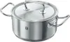 A stainless steel pot with a lid and handles, shown from a slightly elevated front-left angle against a white background. Produktbild-Vorschau