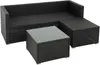 A black rattan lounge set consisting of a sofa, an ottoman, and a coffee table with a glass top, displayed on a white background. Produktbild-Vorschau