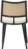 A back view of a black chair with a rattan back and a beige seat, set against a white background. Produktbild-Vorschau