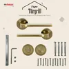 A product image showcasing door handles and installation hardware against a light-colored background with graphic elements. Produktbild-Vorschau