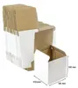 A stack of white and brown cardboard boxes, with one box open in the foreground, showing dimensions. Produktbild-Vorschau