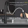 A black kitchen faucet with a pull-out spray head is shown, with text highlighting its long water supply and pulling distance. Anteprima dell’immagine prodotto