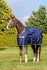 A brown horse wearing a navy blue turnout blanket stands in a grassy field with trees and a hedge in the background. Produktbild-Vorschau
