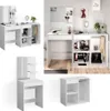 A collage of images showing a white vanity table with storage and a mirror, presented from different angles and as separate components. Náhled obrázku produktu